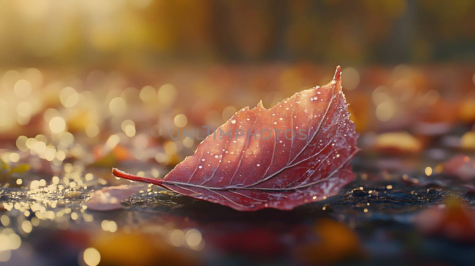 A close-up of a dew-covered autumn leaf on a wet surface.