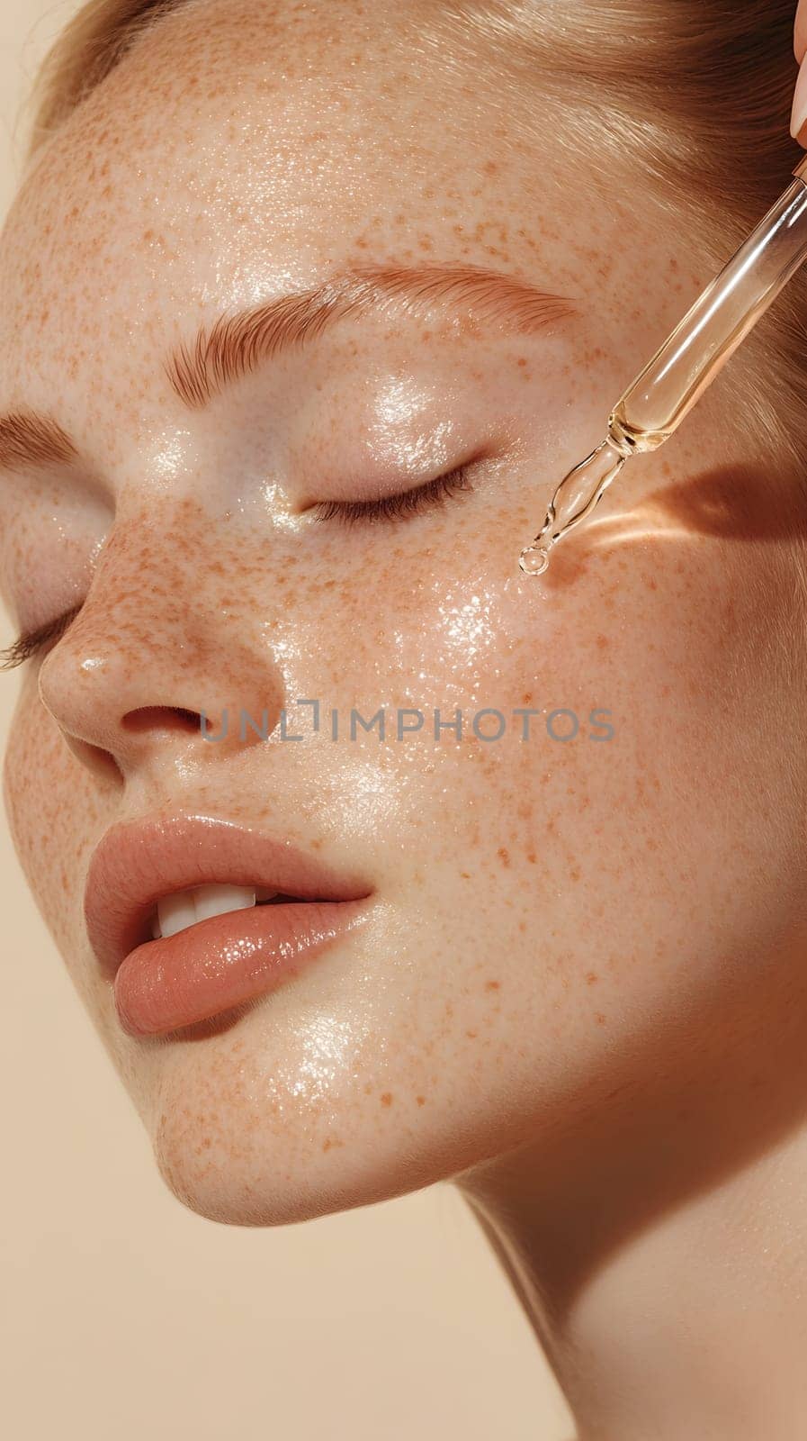 A close-up of a woman applying skincare serum to her face.