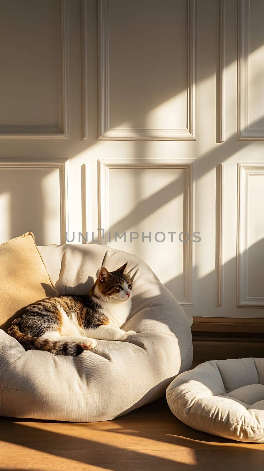A cozy cat lounging in a sunlit room with soft cushions.