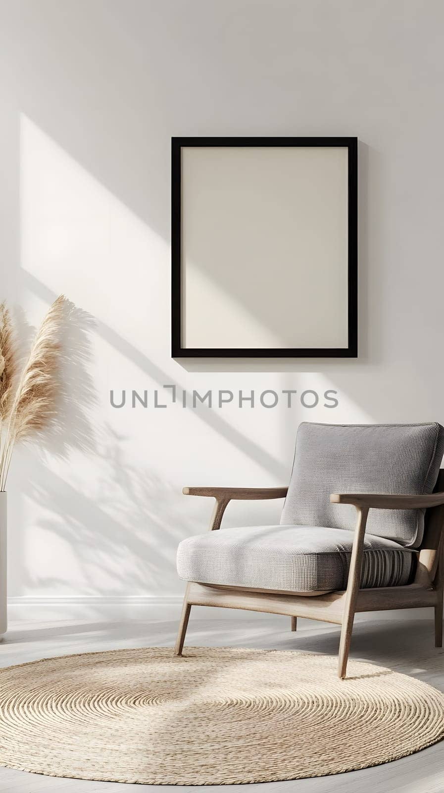 A cozy interior featuring a chair, rug, and decorative plant.
