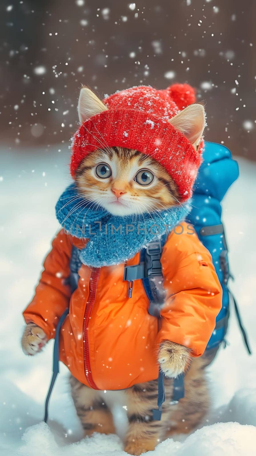 A cute cat dressed warmly in winter attire, ready for an adventure.