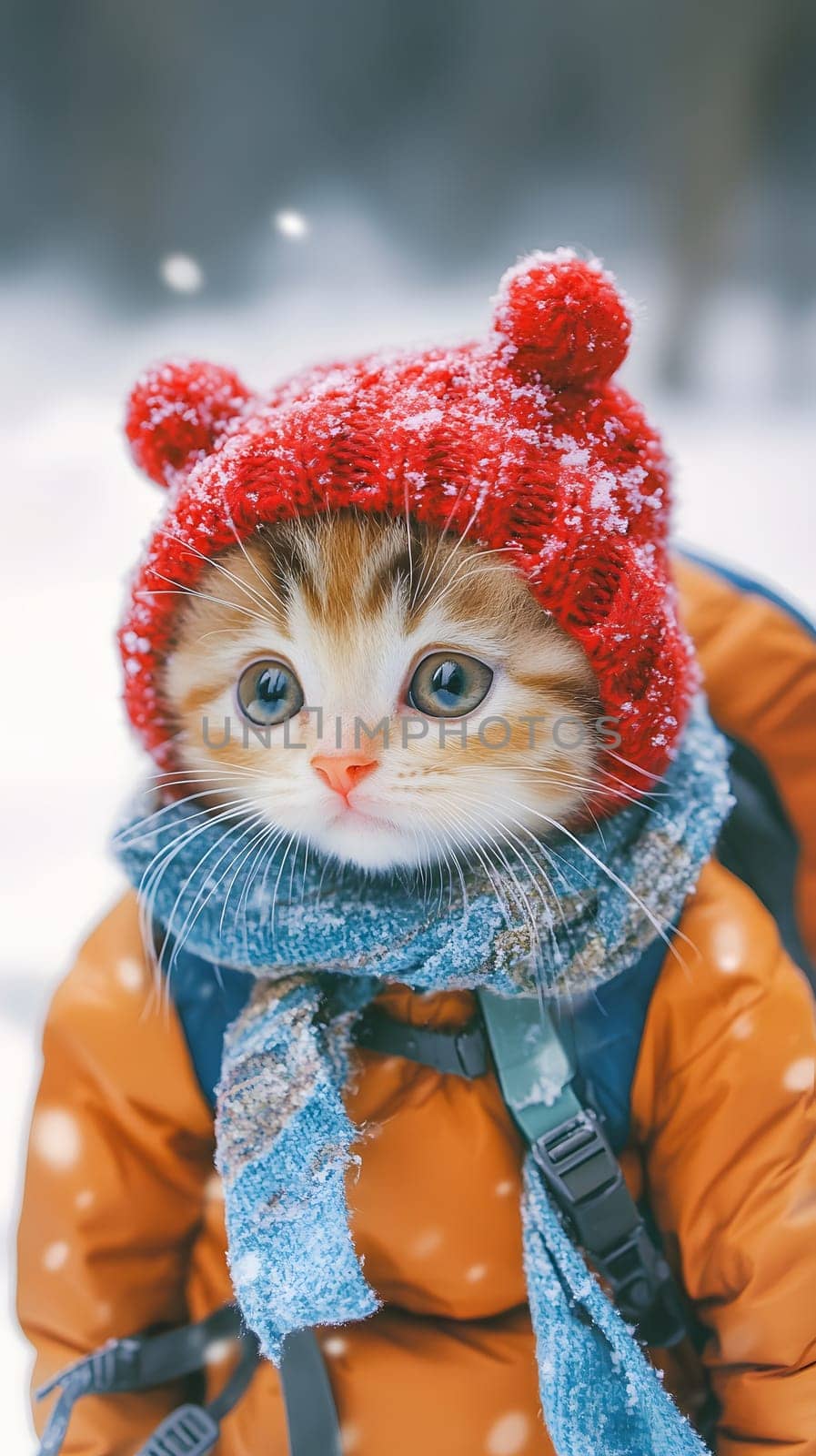 A cute cat wearing a red hat and scarf in a snowy landscape.
