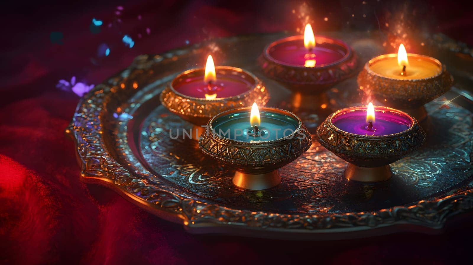 A decorative tray with colorful candles lit for a festive occasion.