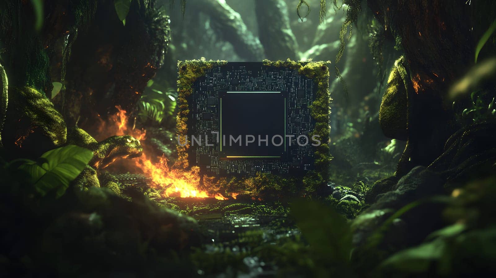 A futuristic chip surrounded by lush greenery and glowing elements.