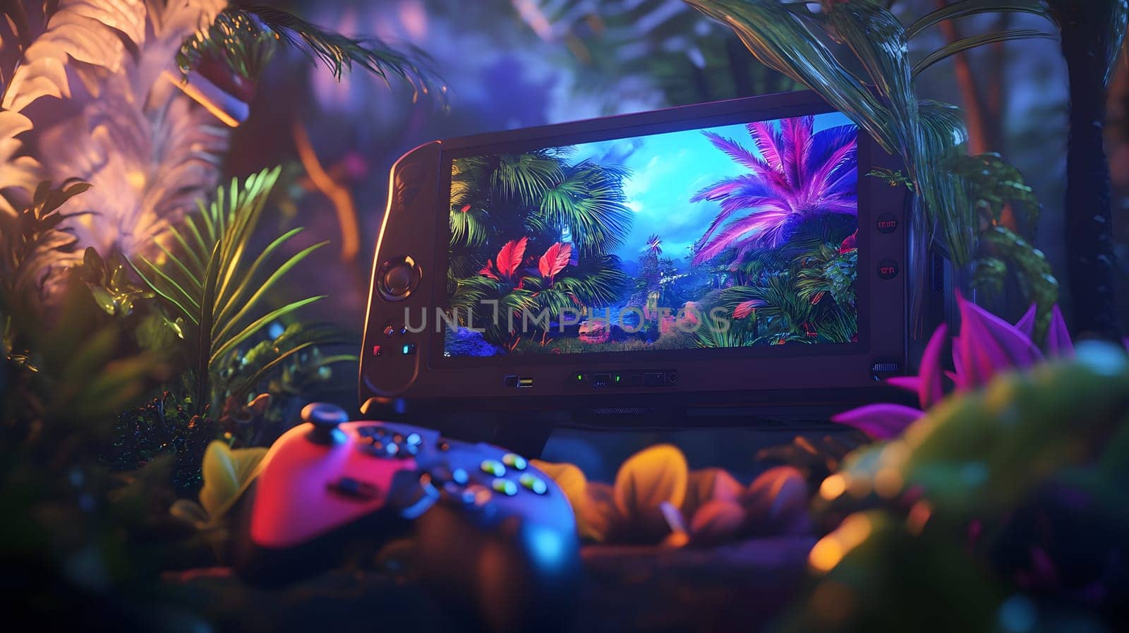 A gaming console surrounded by vibrant tropical plants and scenery.
