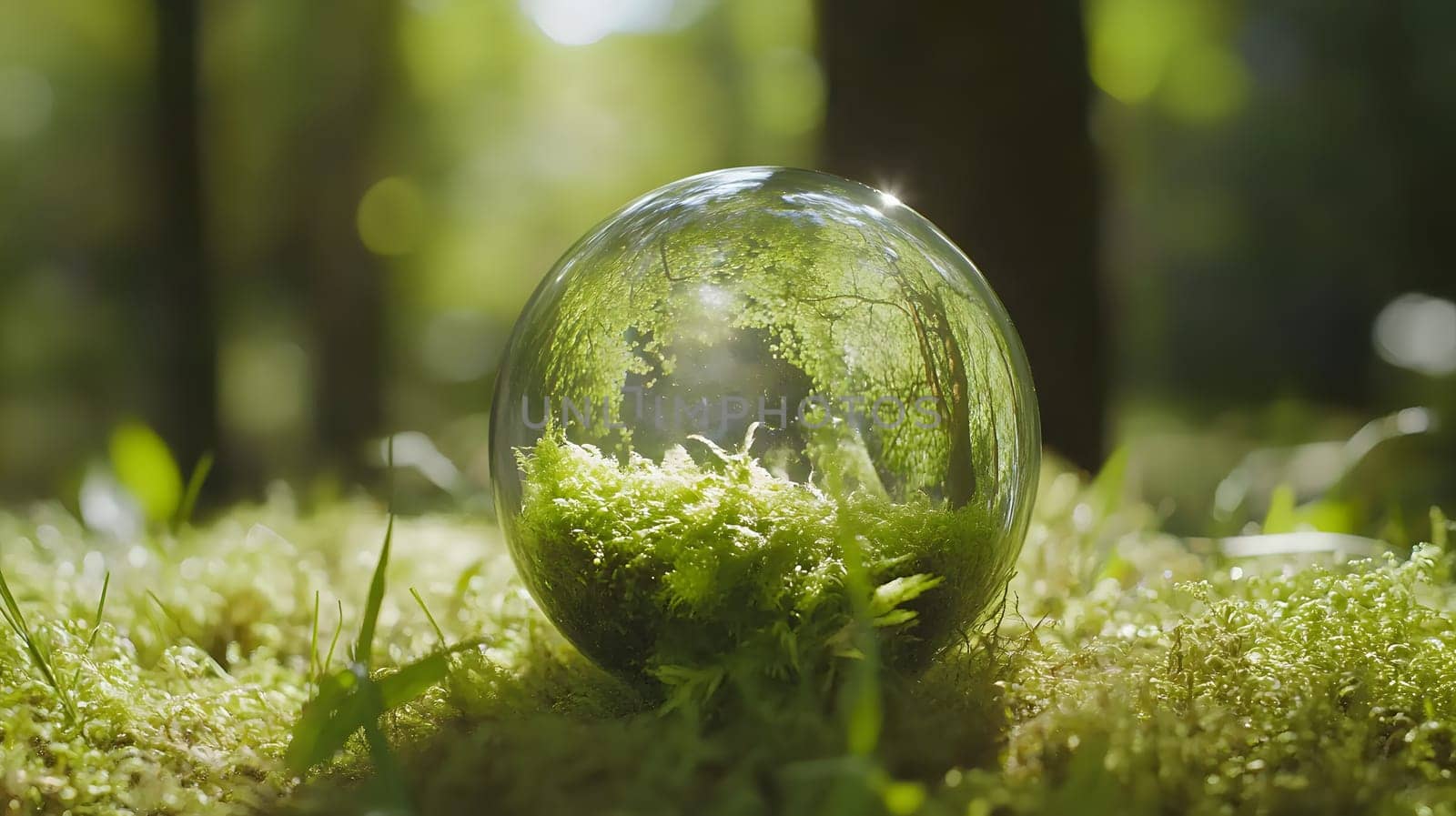 A glass orb resting on moss, reflecting a lush green forest.
