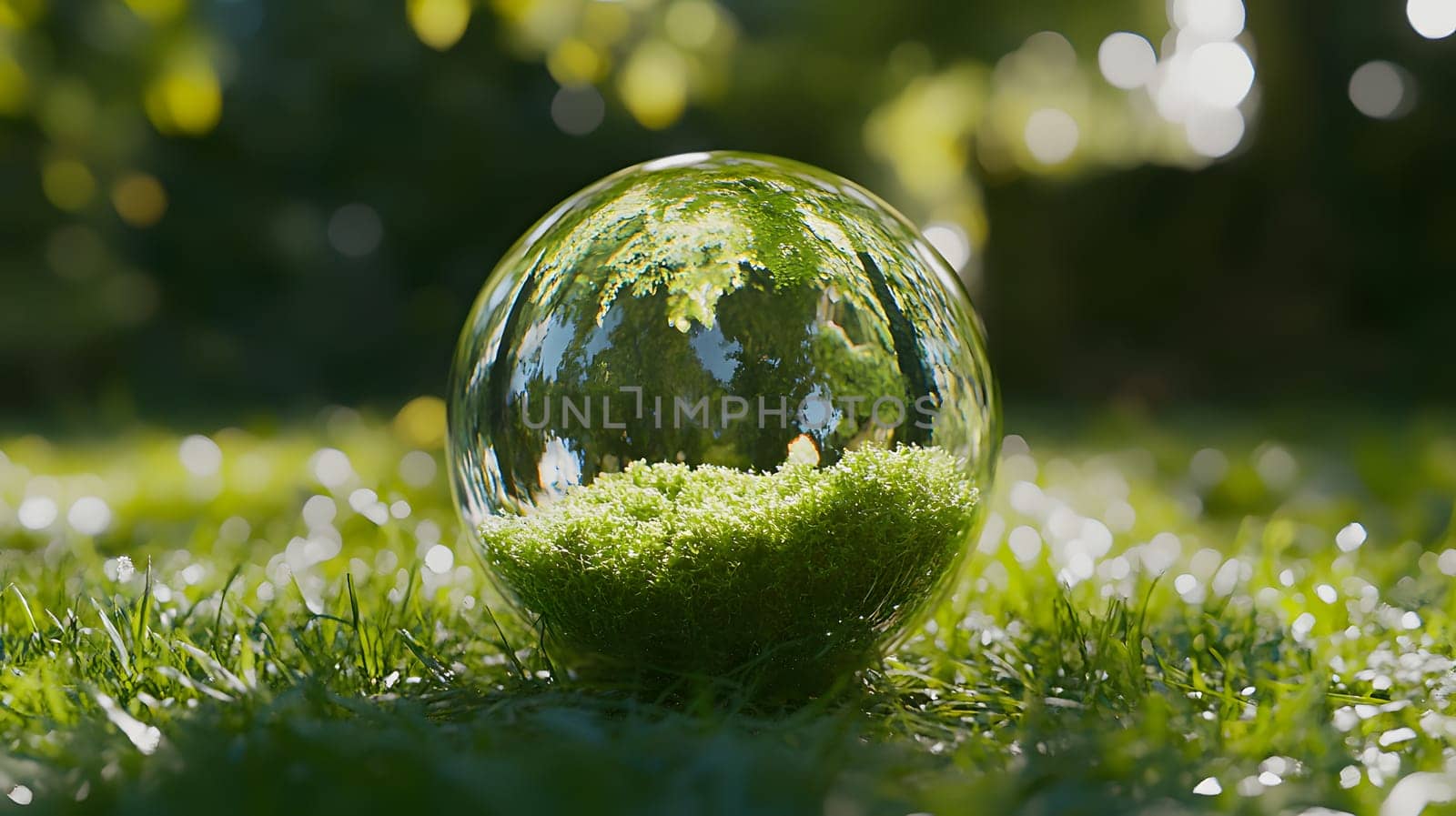 A glass sphere reflecting greenery on grass, symbolizing nature.
