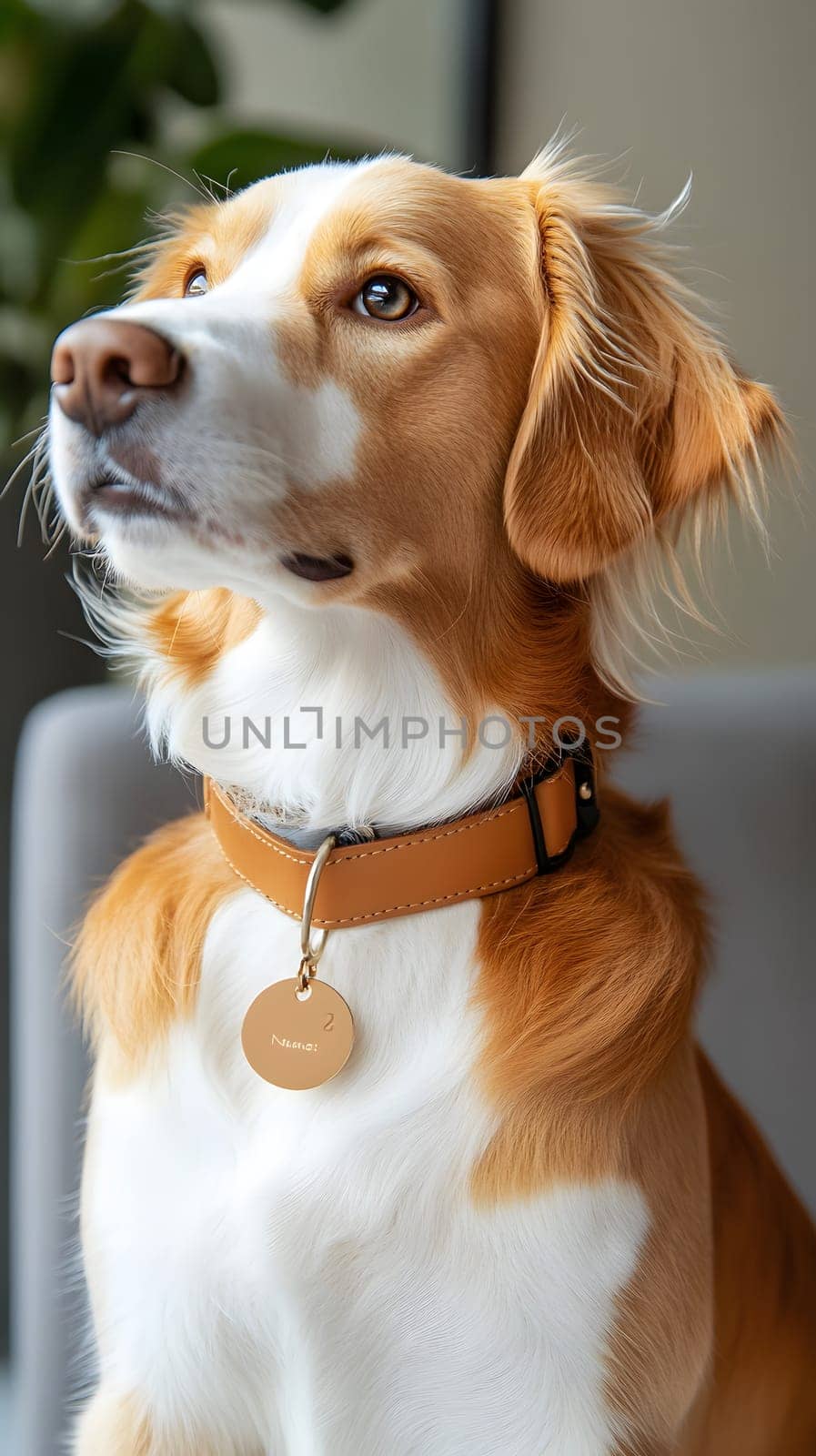 A golden dog with a collar sitting elegantly indoors.