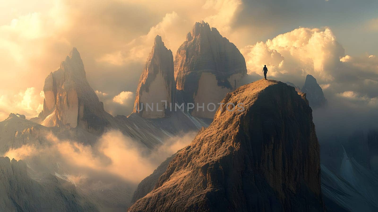 A lone figure stands on a mountain peak amidst dramatic clouds.