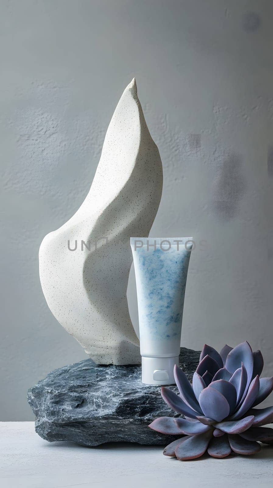 A minimalist display featuring a decorative sculpture, lotion, and plant.