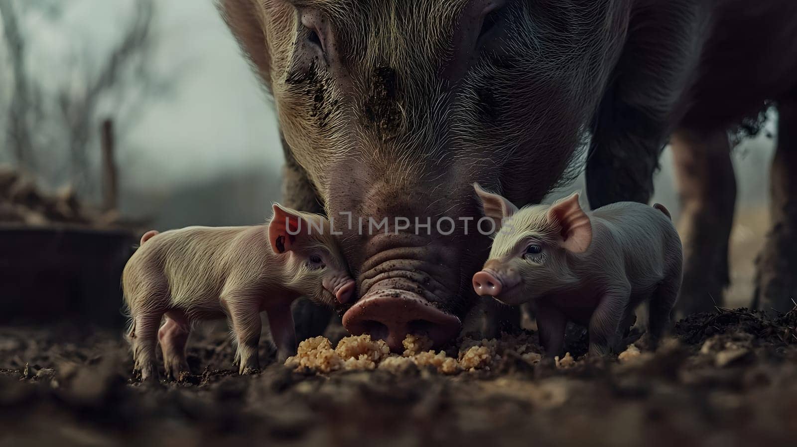 A mother pig feeding her two piglets in a farm setting.