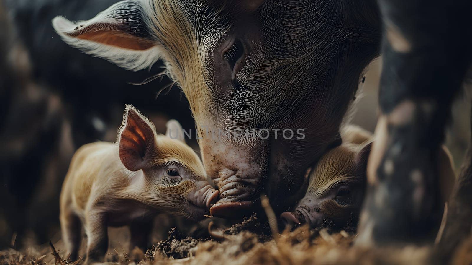 A mother pig with her piglets in a natural farm setting.
