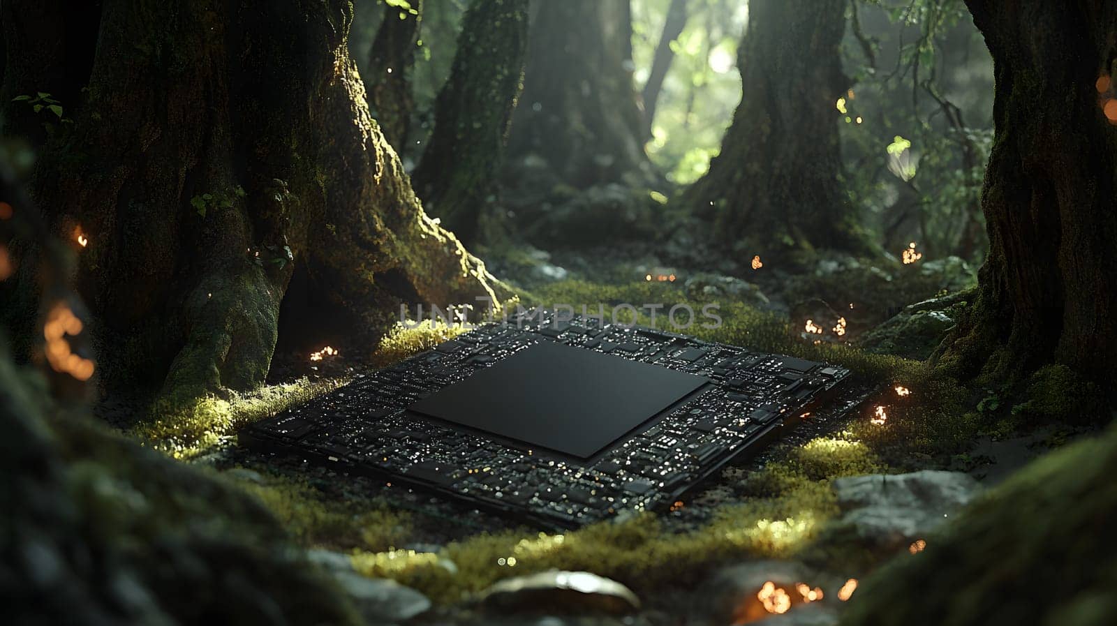 A mysterious microchip rests in a mystical forest setting.