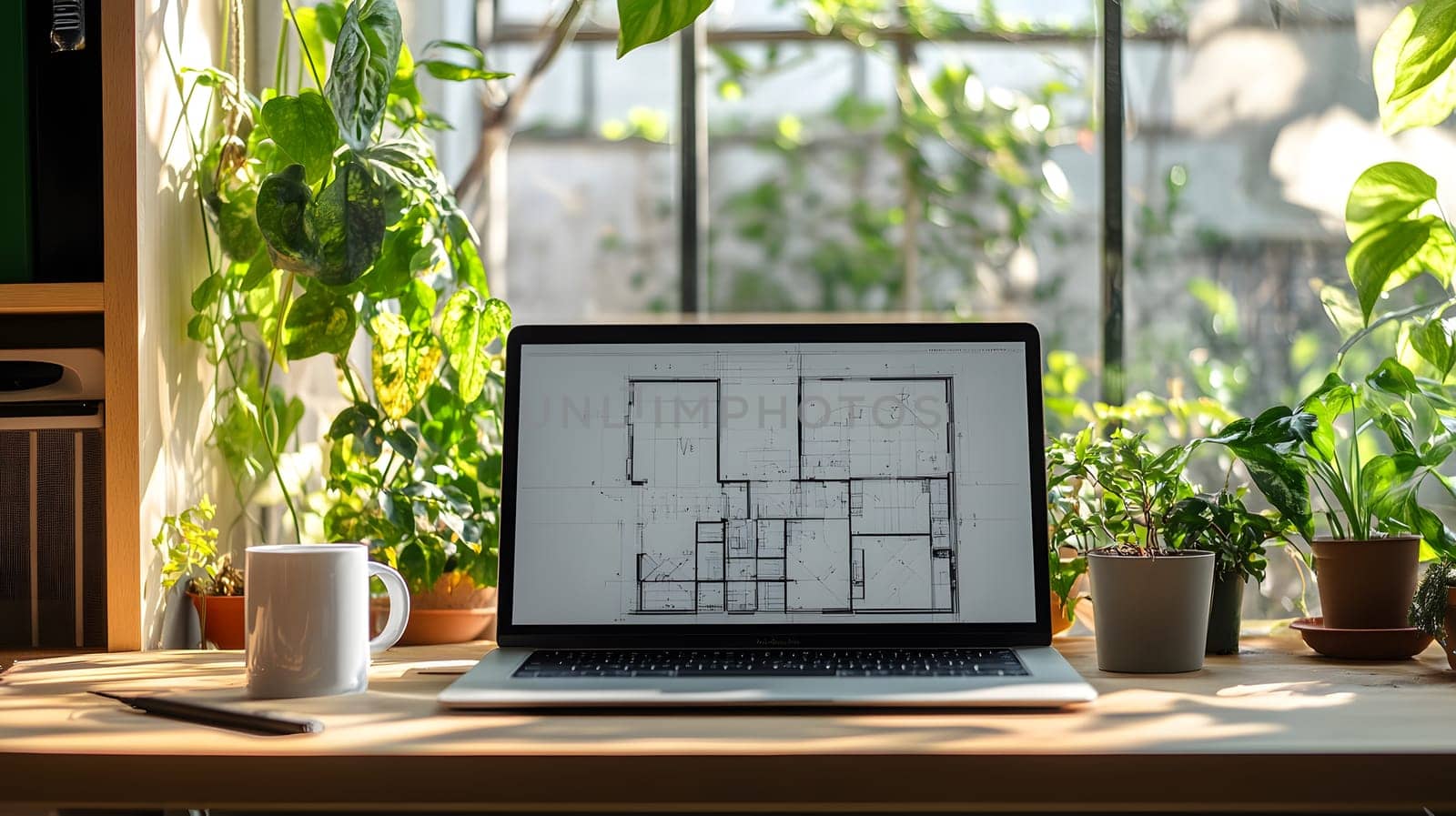 A workspace with a laptop displaying architectural plans and plants.
