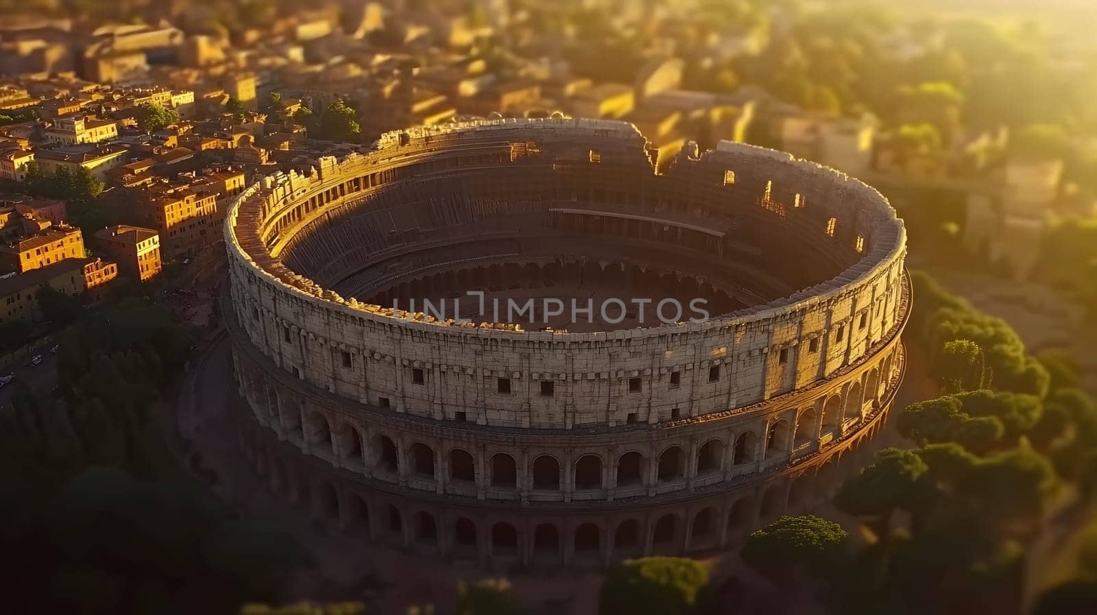 Aerial view of the Colosseum in Rome during golden hour.