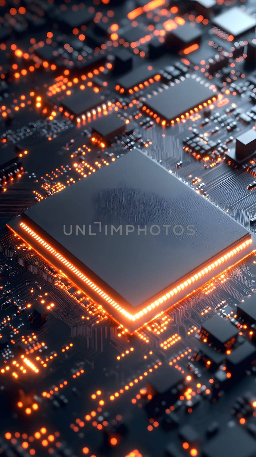 Close-up of a circuit board with a glowing microchip.