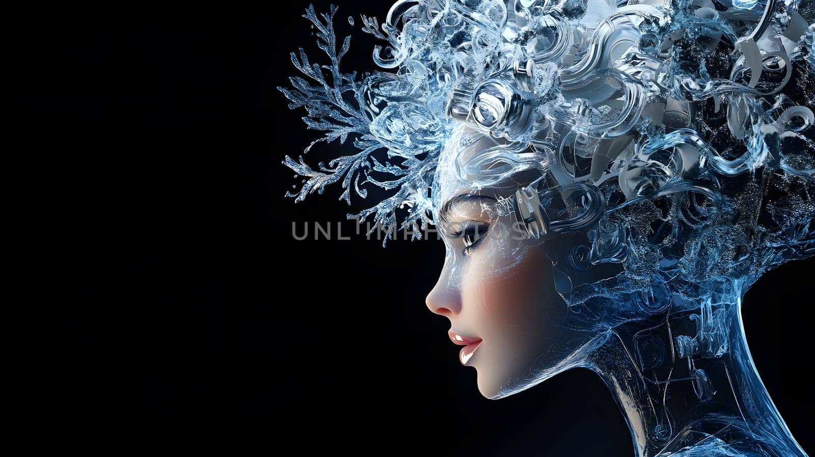 Futuristic portrait of a robotic woman with a unique hairstyle.