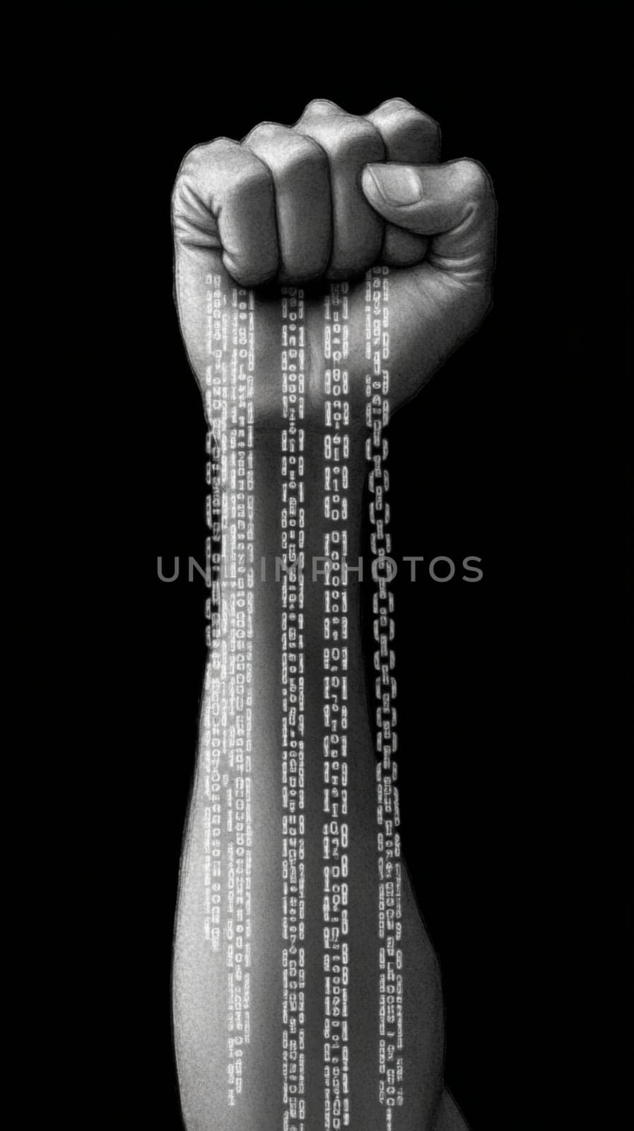 Powerful fist, adorned with intricate patterns, is breaking free from heavy chains, symbolizing the struggle for freedom and equality