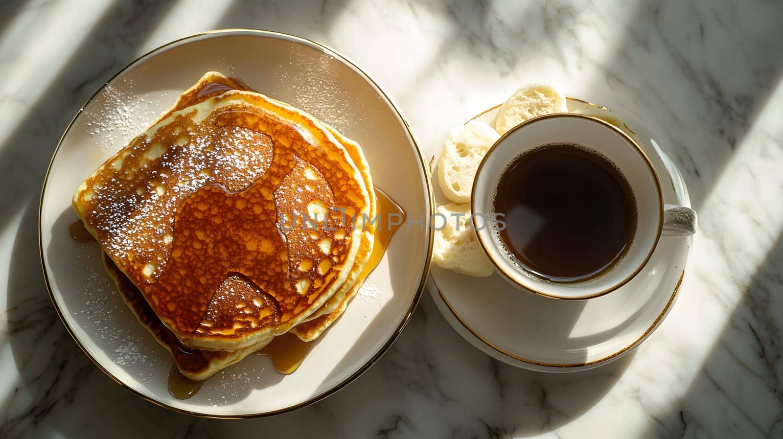 A plate of pancakes with syrup alongside a cup of coffee.