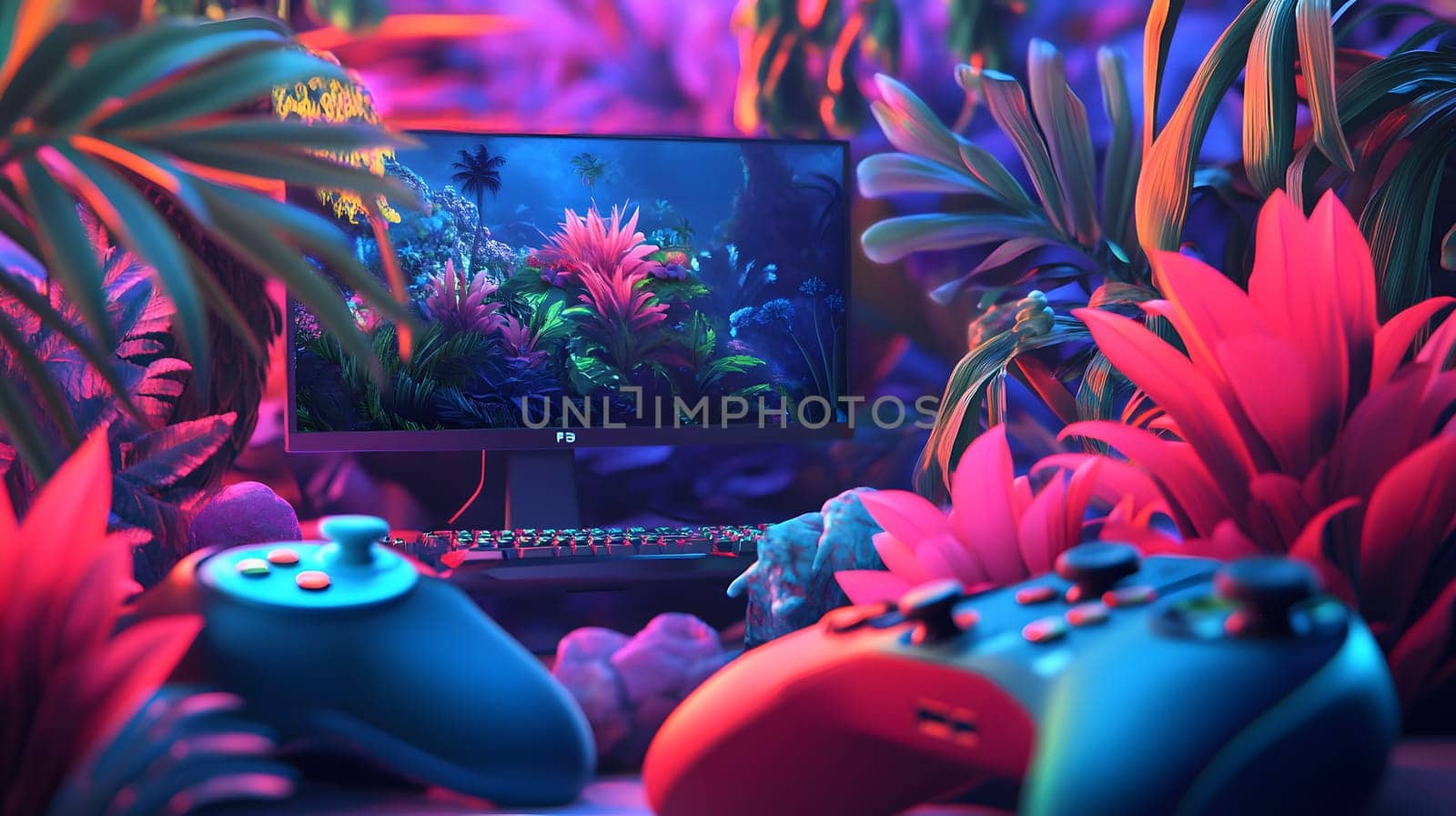 A vibrant gaming setup surrounded by colorful tropical plants.