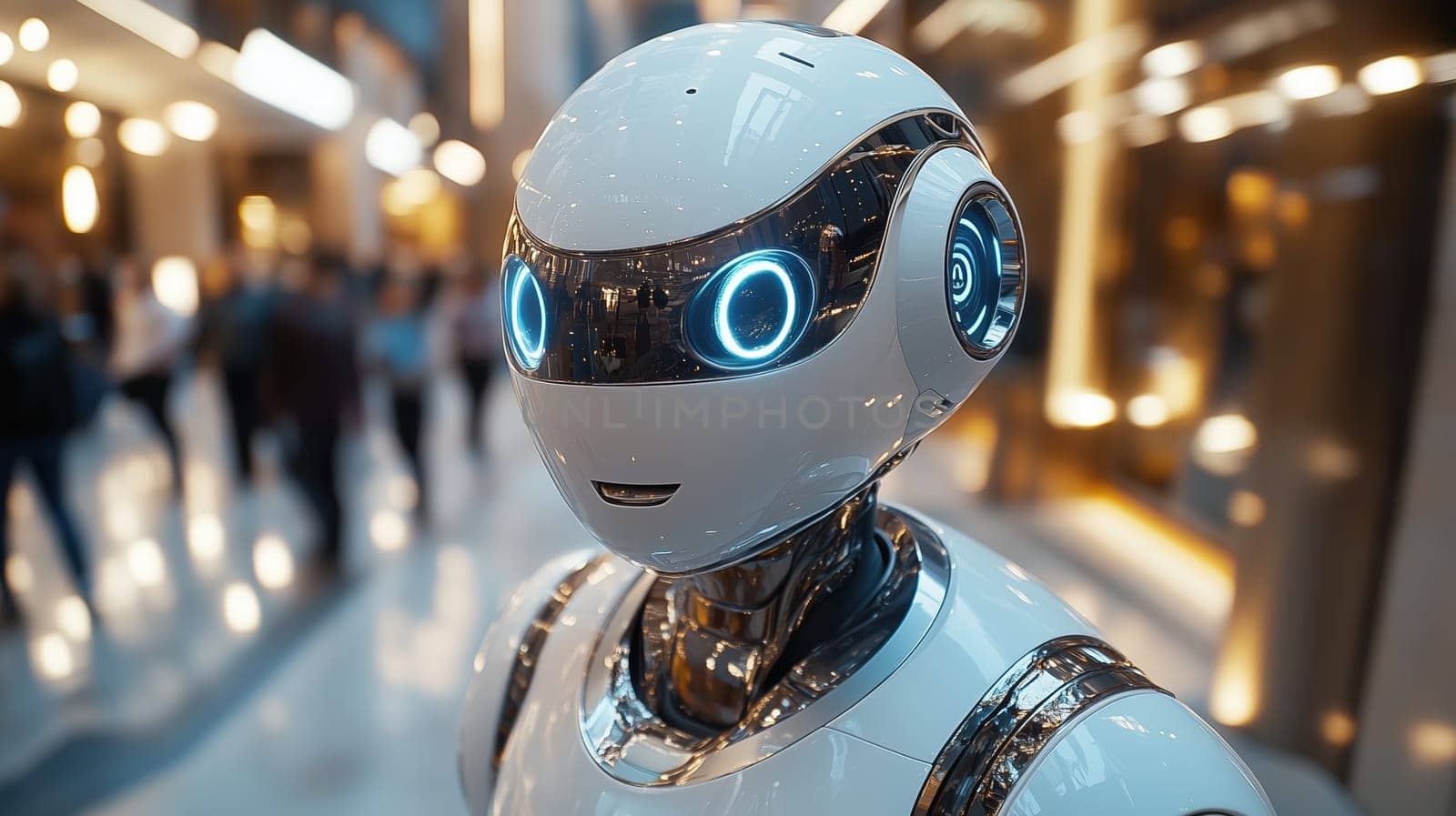 Close-up of a humanoid robot with a friendly expression and glowing blue eyes, standing in a bustling modern environment.