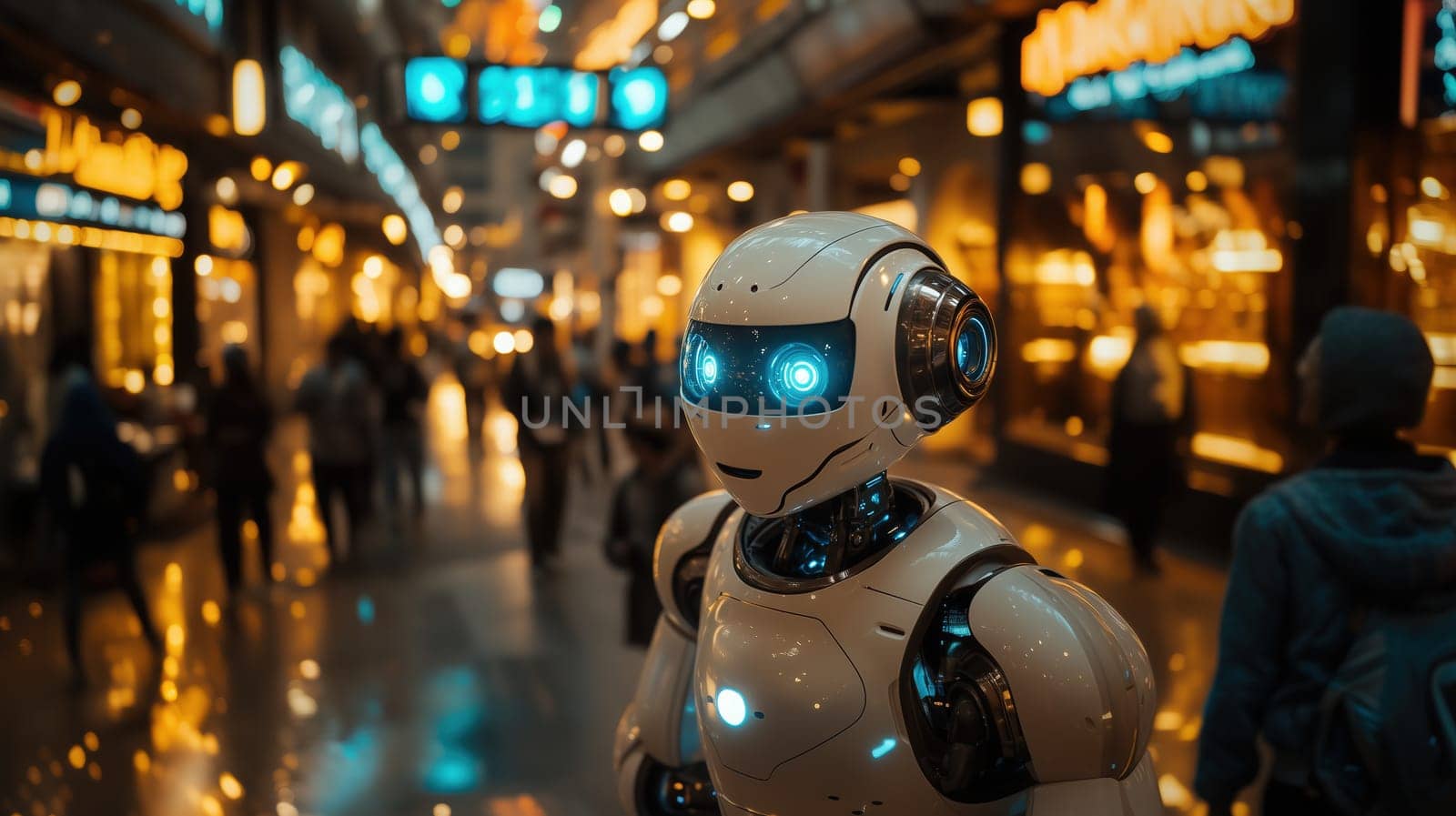 A humanoid robot with glowing blue eyes walking through a futuristic, bustling shopping mall filled with glowing neon lights and blurred crowd motion.