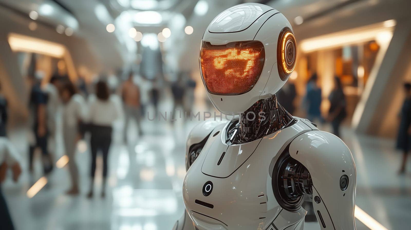 A futuristic humanoid robot with an orange digital display face interacting in a modern public setting, surrounded by blurred people in a sci-fi environment.