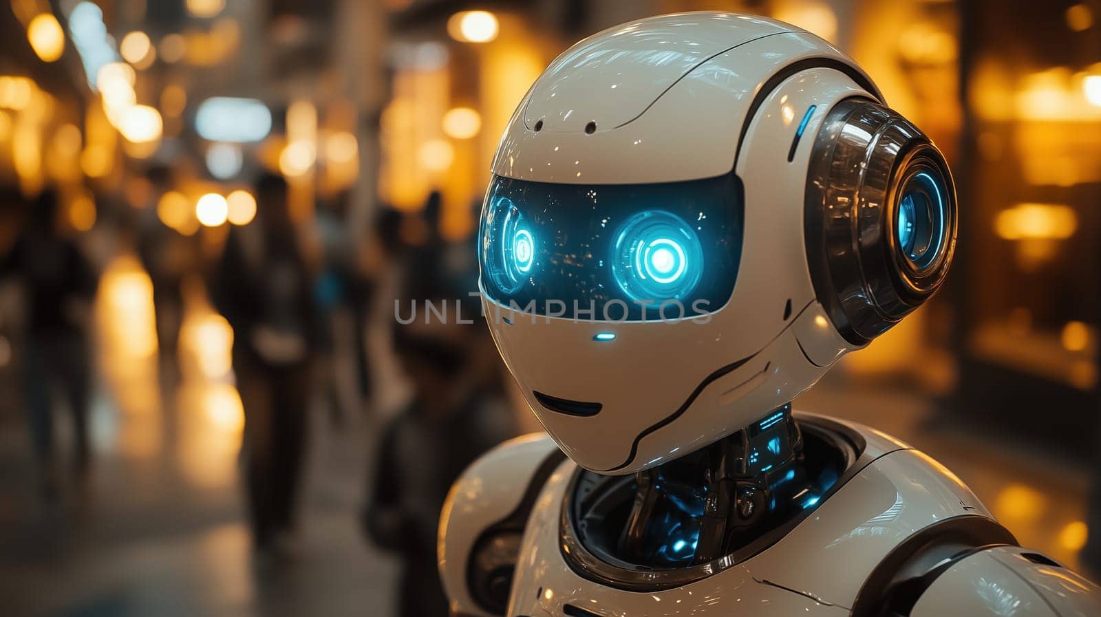 A humanoid robot with bright glowing blue eyes interacting in a futuristic shopping mall with a vibrant neon-lit environment.