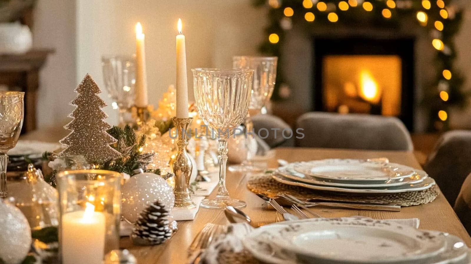 Christmas, holiday decor and country cottage style, cosy atmosphere, decorated Christmas tree in the English countryside house living room with fireplace, interior decoration idea