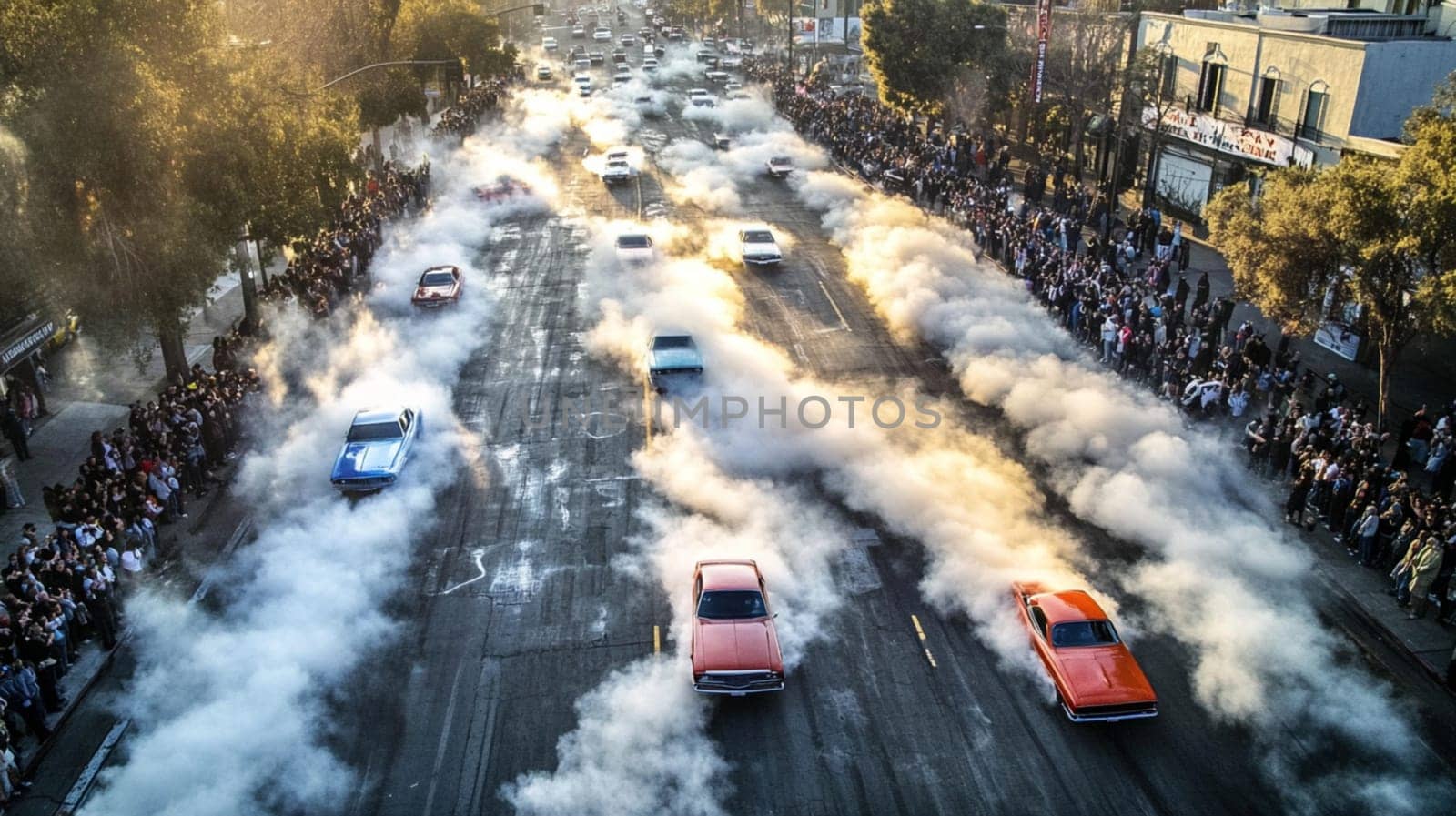 Powerful sports cars race through city streets at sunset, leaving a trail of smoke, thrilling spectators with high speed action