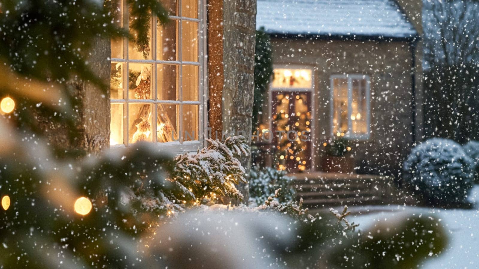 Christmas in the countryside, cottage decorated for holidays on a snowy winter evening with snow and holiday lights, English country styling inspiration