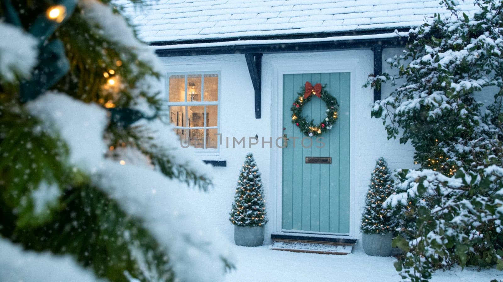 Christmas in the countryside, cottage decorated for holidays on a snowy winter evening with snow and holiday lights, English country styling inspiration