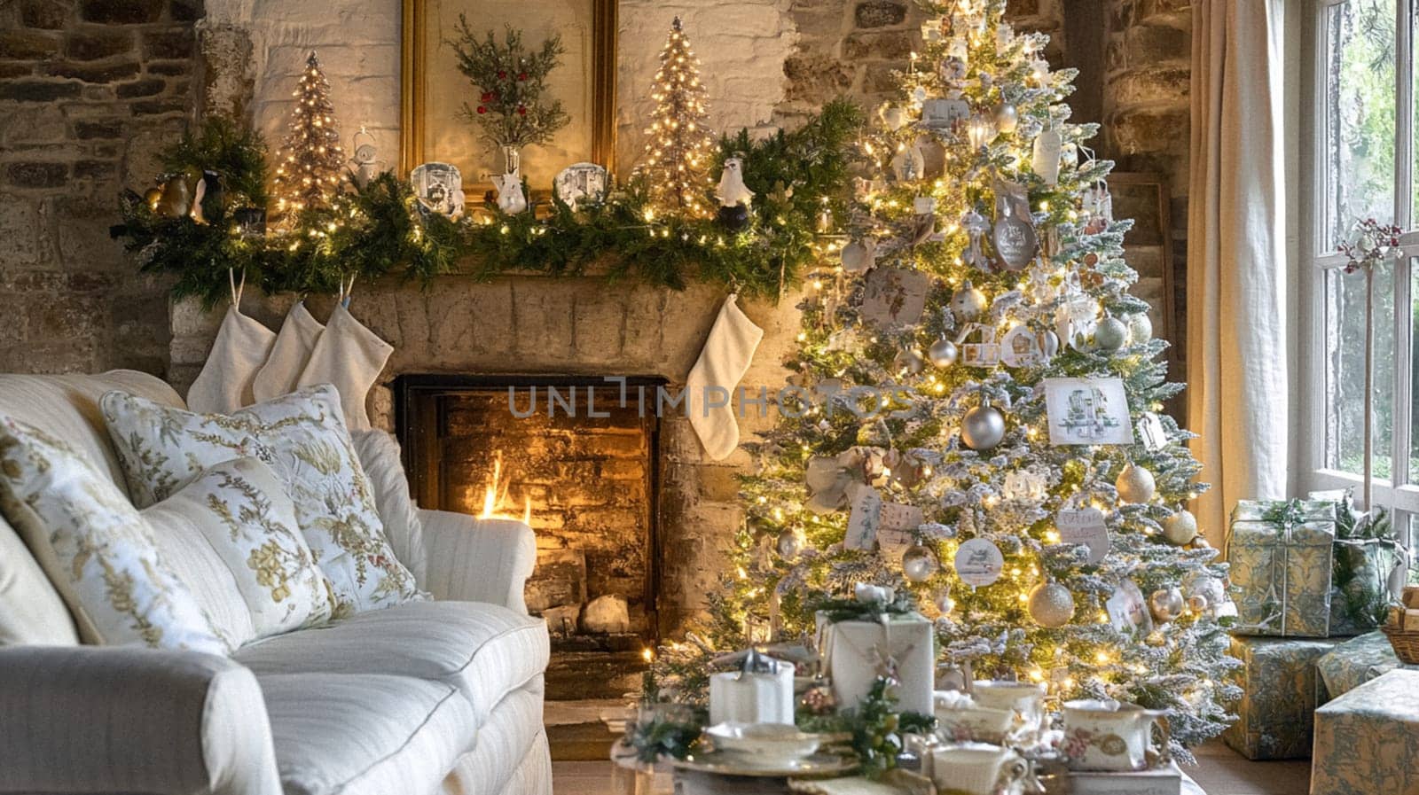 Christmas, holiday decor and country cottage style, cosy atmosphere, decorated Christmas tree in the English countryside house living room with fireplace, interior decoration idea