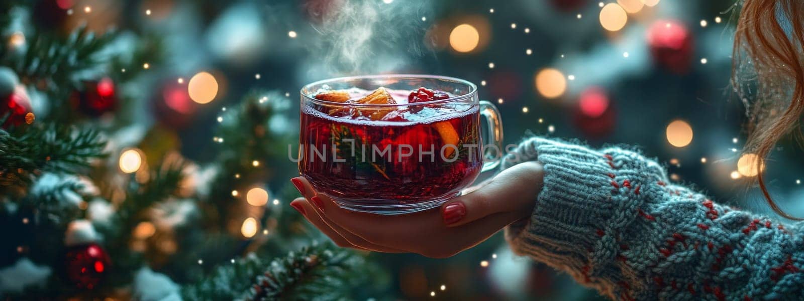 Girl holding a cup of mulled wine in her hands. Generative AI, drink