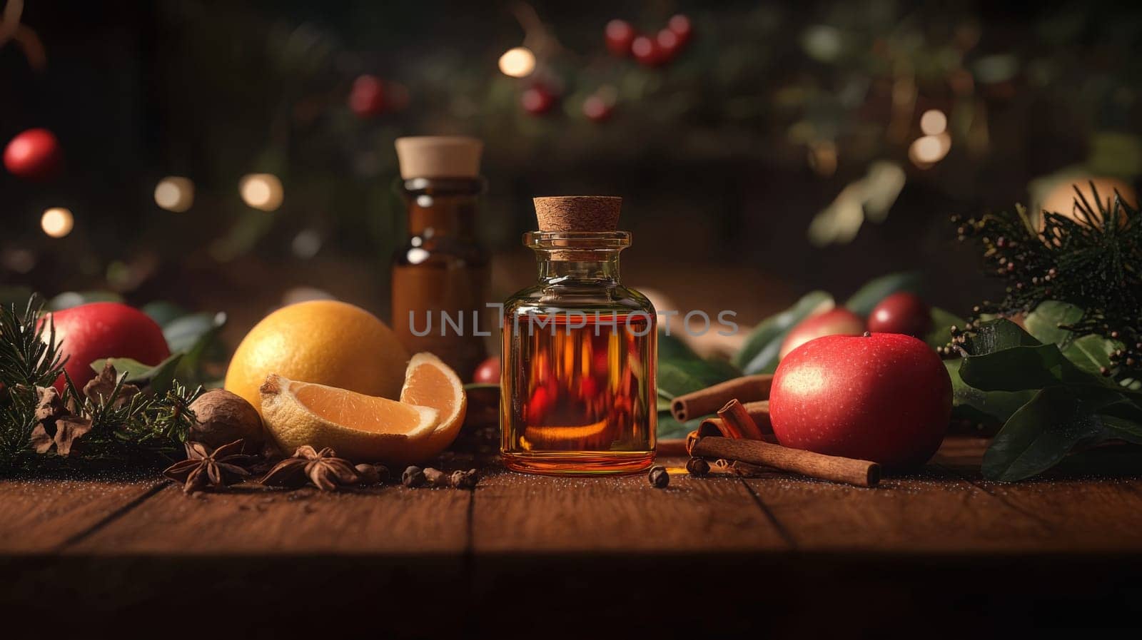 Christmas essential oils in bottles. Selective focus. Generative AI, Nature.