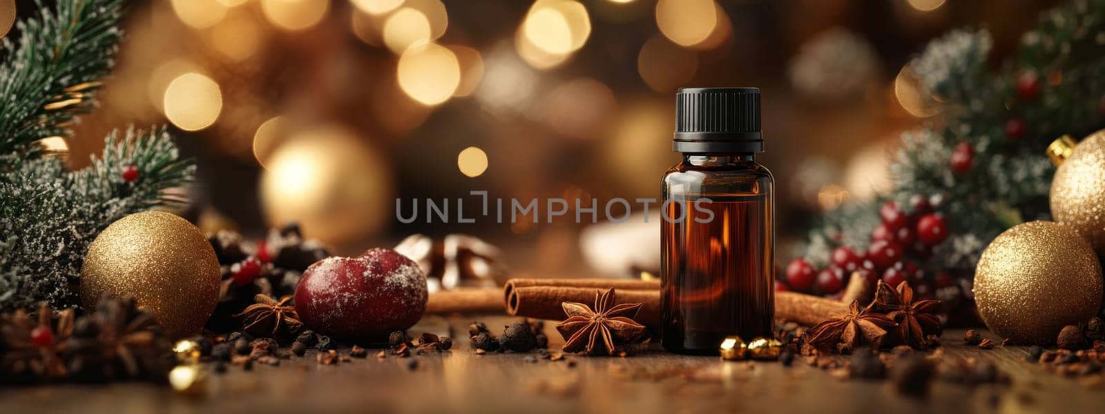 Christmas essential oils in bottles. Selective focus. Generative AI, Nature.