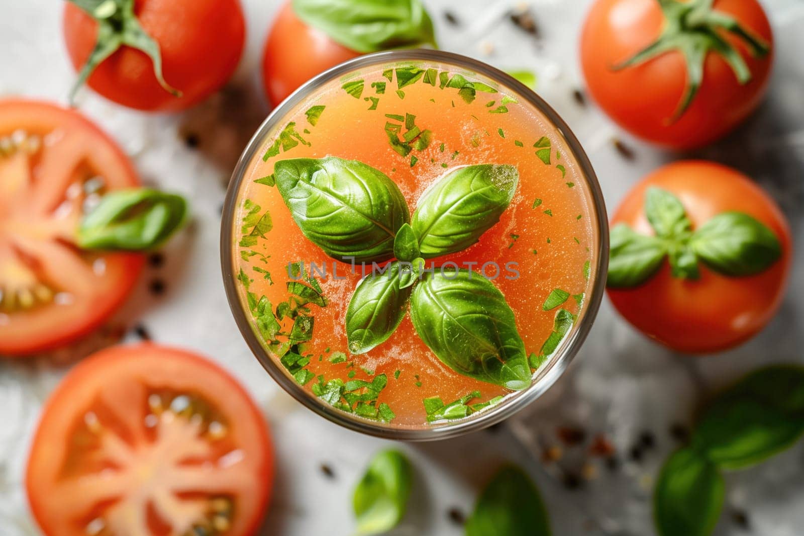 Overhead view of a glass filled with fresh tomato juice, garnished with vibrant green basil leaves. Surrounding ripe tomatoes and basil provide a rustic, organic, and healthy food presentation. Ideal for concepts of healthy eating, beverages, and summer refreshment.