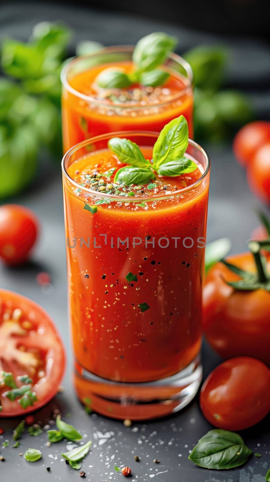 Close-up of two glasses of spiced tomato juice garnished with fresh basil, surrounded by ripe tomatoes on a dark background. A concept highlighting healthy, organic beverages perfect for wellness and summer themes.