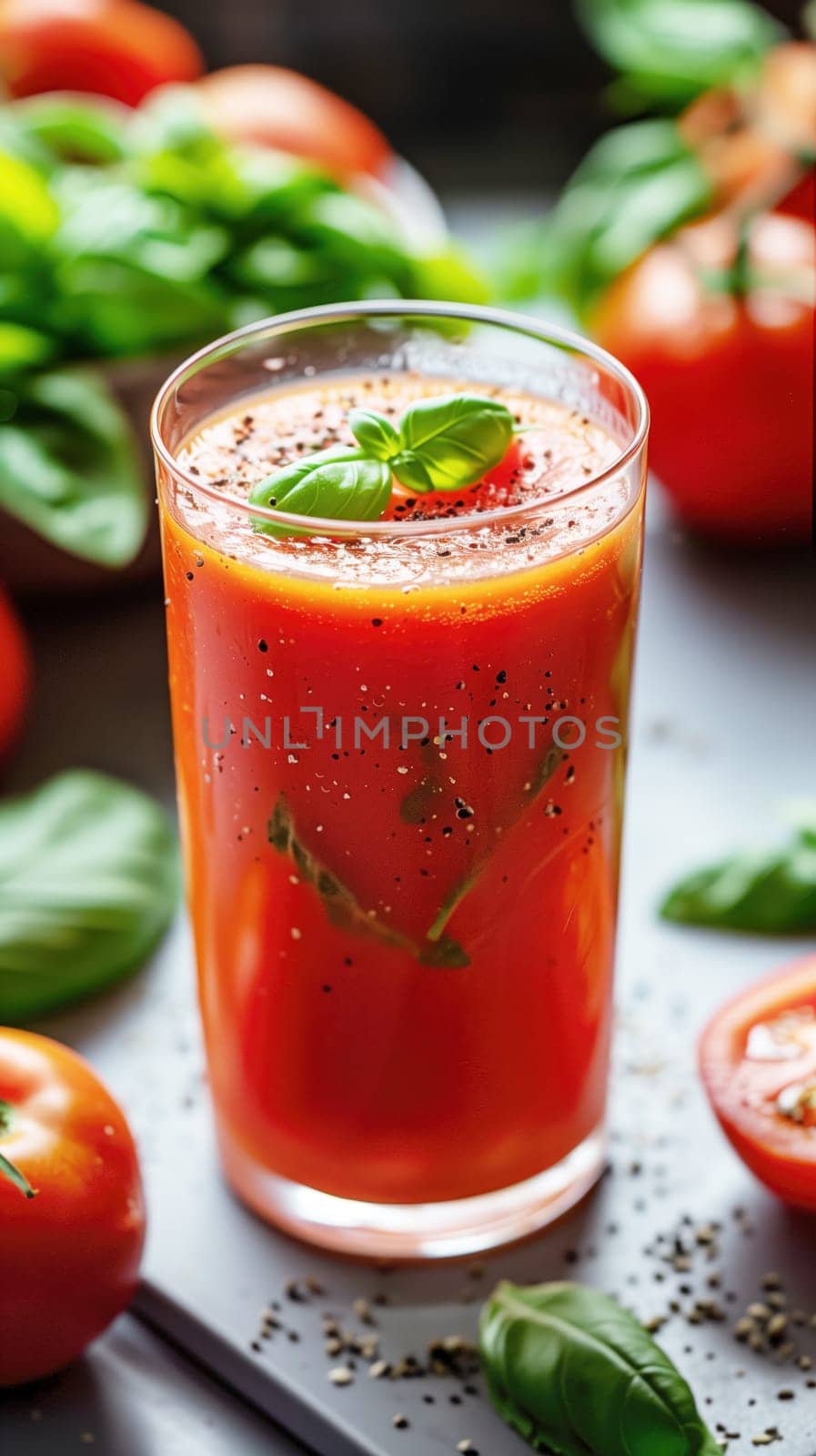 Tall glass of spiced tomato juice garnished with fresh basil leaves, surrounded by ripe tomatoes and basil, presented on a textured dark background. A perfect showcase of healthy, homemade beverages.