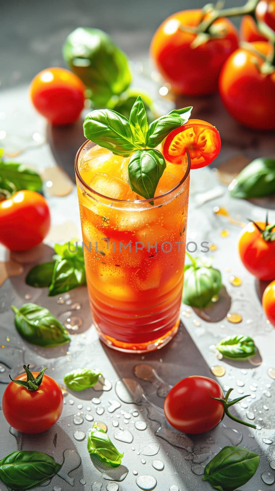 A close-up shot of vibrant tomato juice garnished with fresh basil leaves, surrounded by ripe tomatoes and herbs. The setting conveys a fresh, natural, and healthy concept, ideal for showcasing farm-to-table beverages, organic nutrition, and refreshing summer drinks.