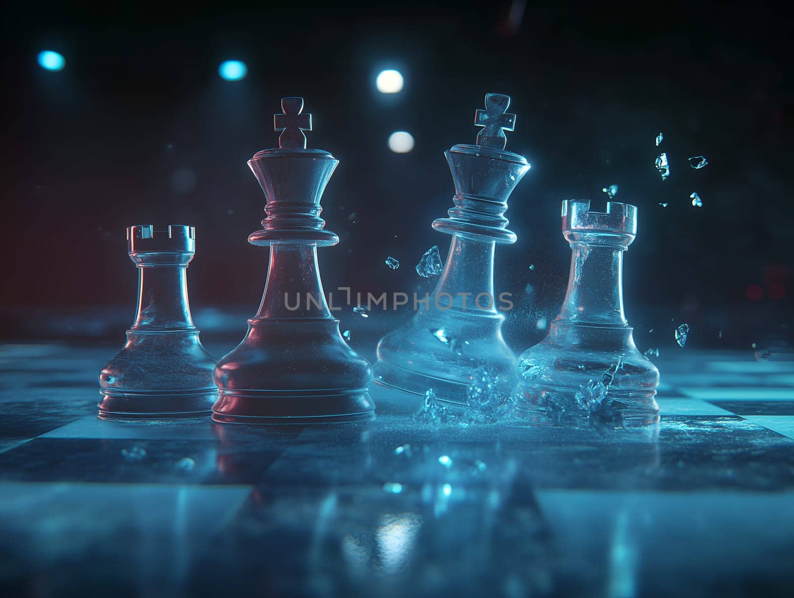Glass chess pieces, including kings and pawns, stand on a reflective chessboard under dramatic lighting. One piece appears shattered with glass fragments frozen mid-air, creating a dynamic and intense atmosphere.