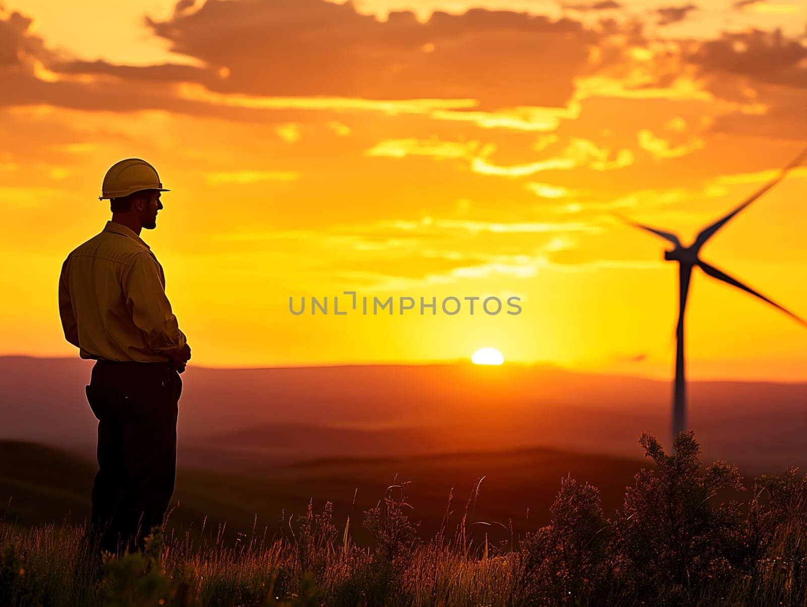 Silhouette of an engineer wearing a hard hat, standing in a field during sunset with a wind turbine in the background. The golden sky and rolling hills highlight renewable energy and sustainability themes.