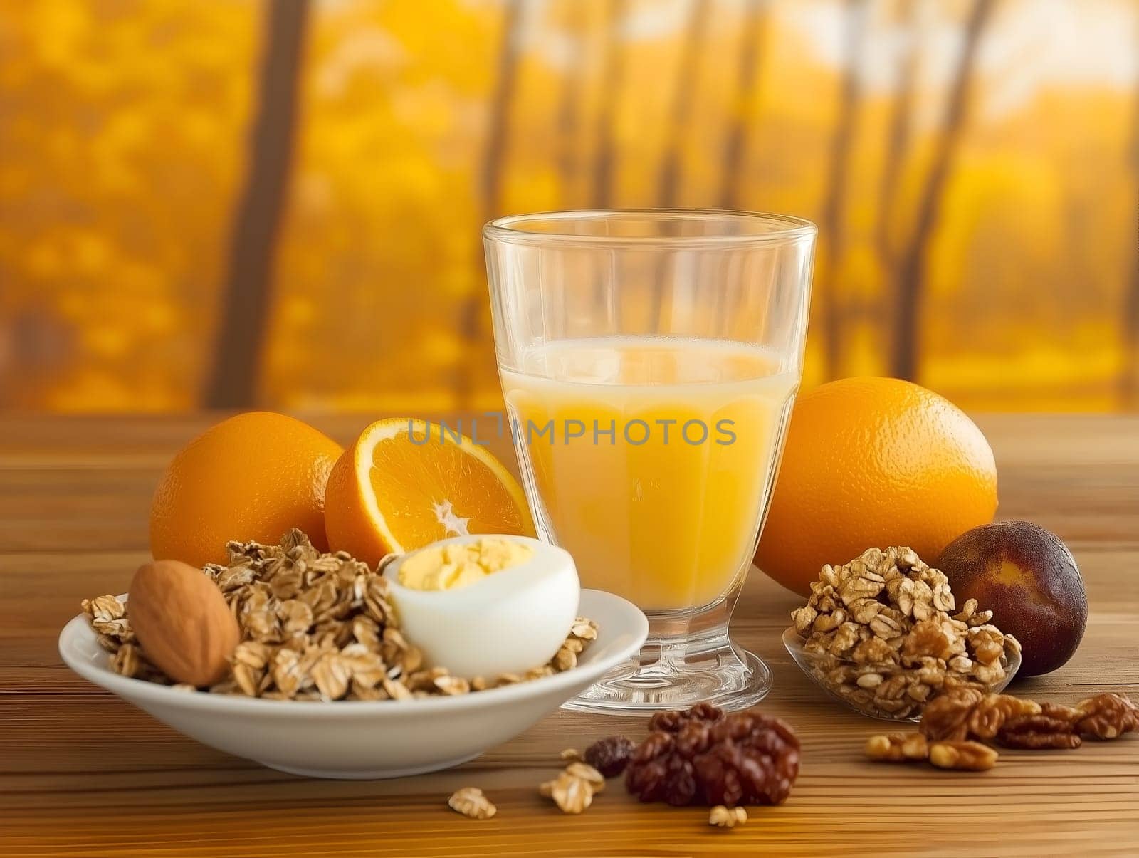 A nutritious breakfast spread featuring a glass of orange juice, a bowl of oats with nuts, a boiled egg, and fresh fruits like oranges and plums. The setting is cozy with warm autumn tones in the background.