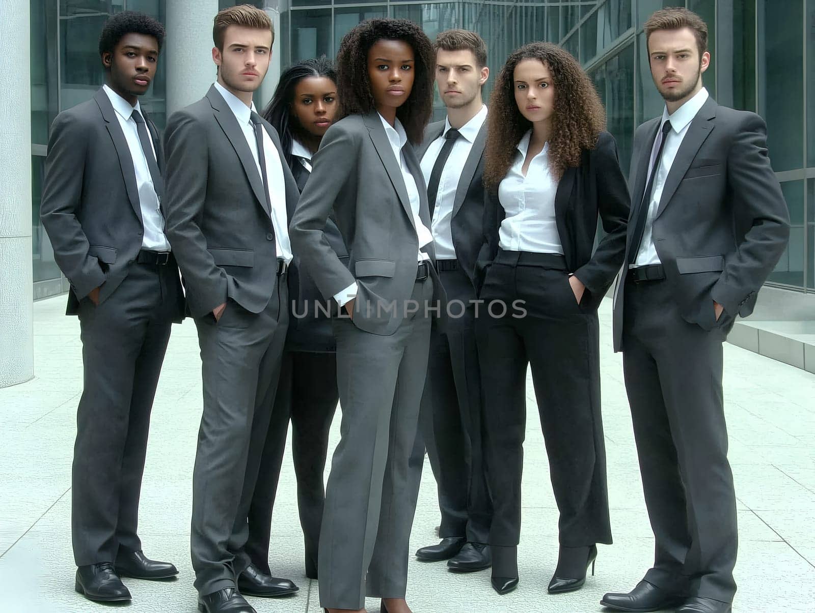 A group of young, confident business professionals stand together in formal suits outside a modern office building. They appear serious and determined, representing teamwork, success, and diversity in a corporate setting.