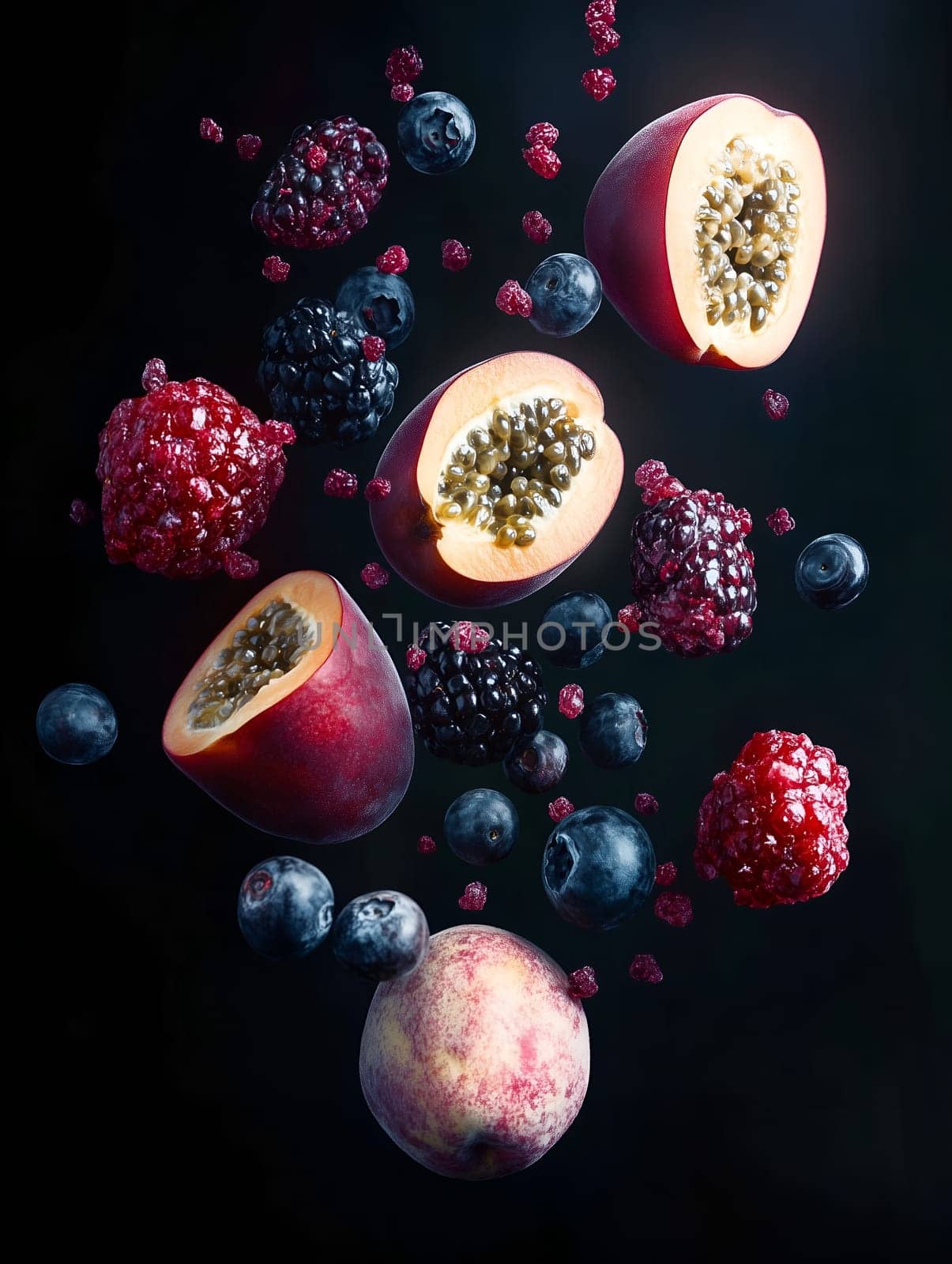 Assorted tropical fruits and berries, including passion fruit, blackberries, blueberries, and raspberries, suspended mid-air against a dark background. A colorful, vibrant, and creative food concept.