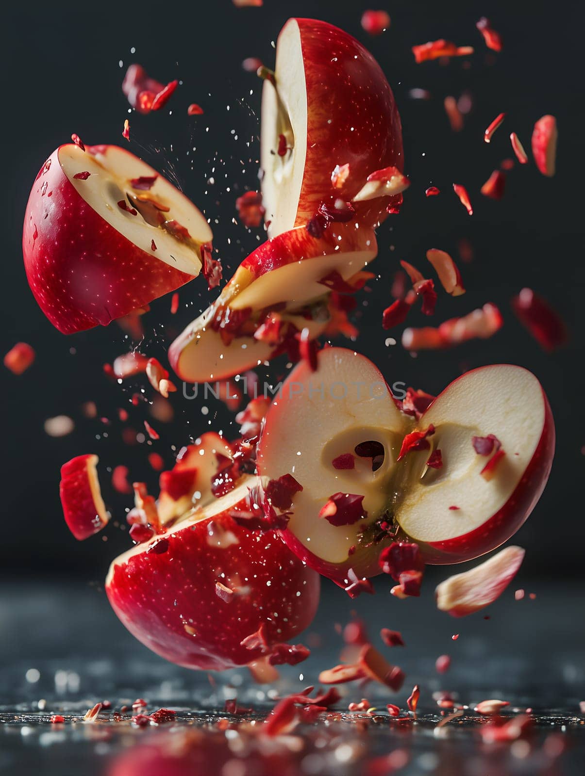 Dynamic image of red apples shattered into slices and fragments mid-air, with flying pieces and splashes, set against a dark background. A vibrant, creative food concept in motion.