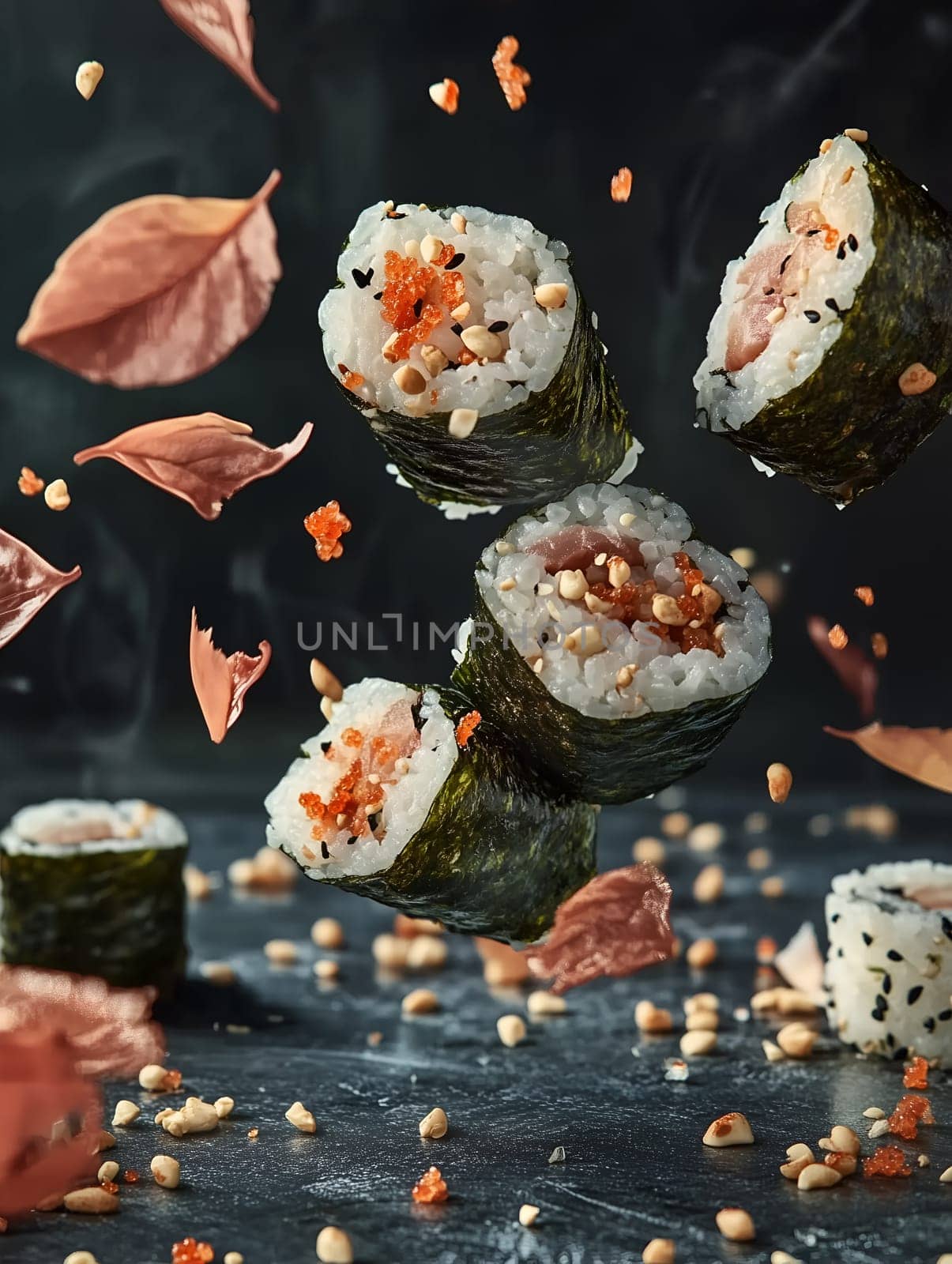 Dynamic image of sushi rolls suspended mid-air, surrounded by toppings, sesame seeds, and delicate leaves against a dark background. A creative and artistic Japanese food concept.