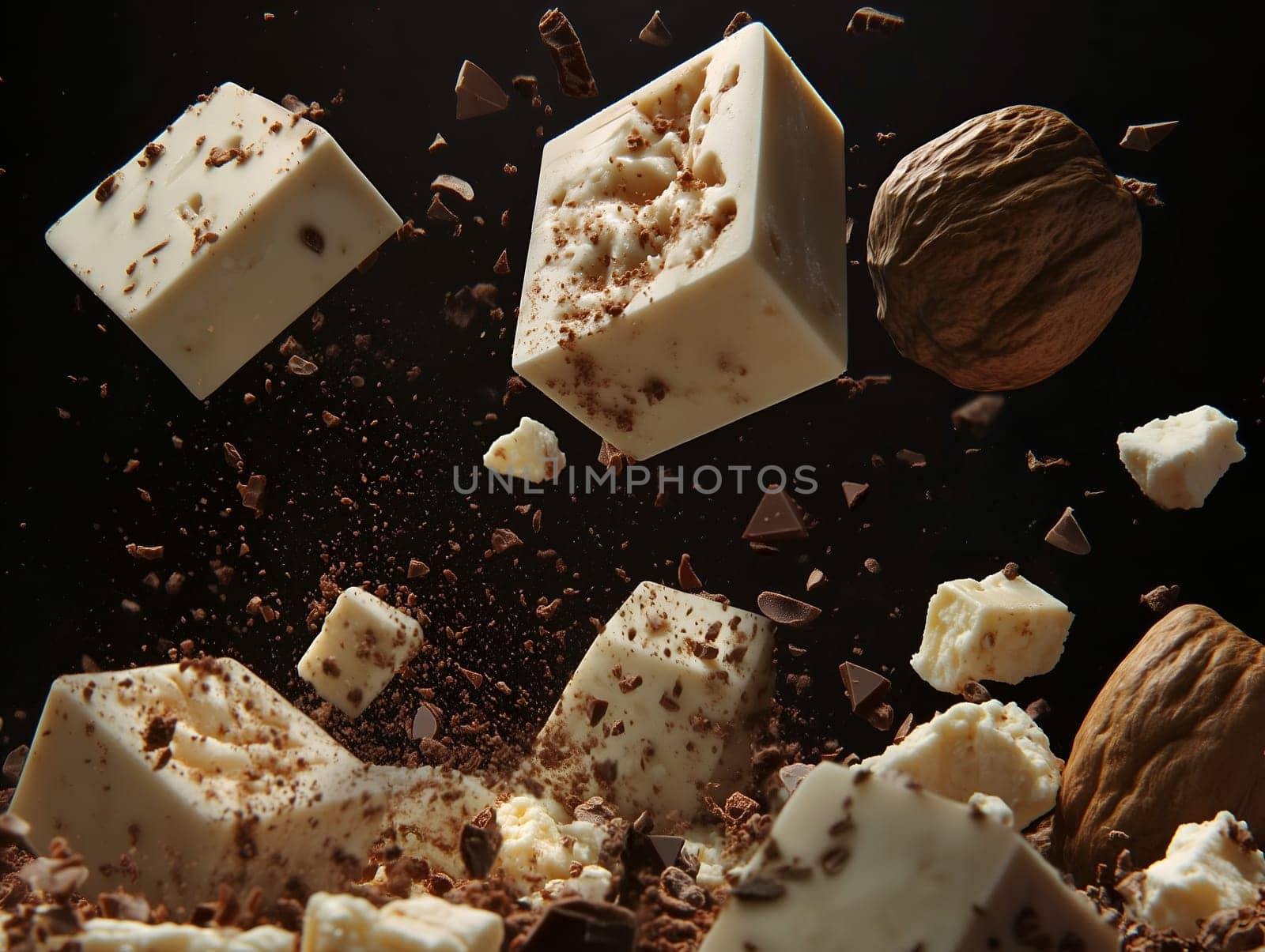 Dynamic image of white chocolate cubes, walnuts, and cocoa crumbs suspended mid-air against a dark background. A creative and appetizing food concept showcasing texture, detail, and motion.