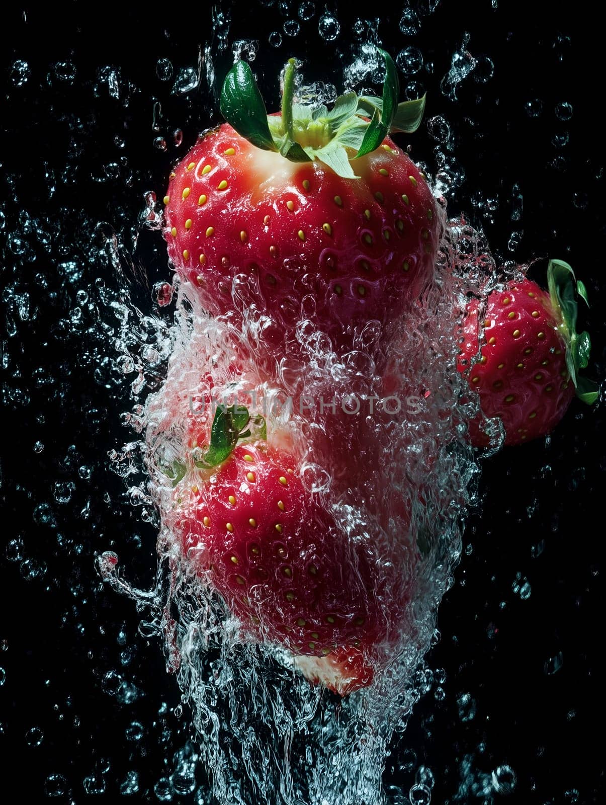 Vibrant red strawberries captured mid-splash as they plunge into water, creating dynamic bubbles and ripples against a dark background. A refreshing and vivid food concept.