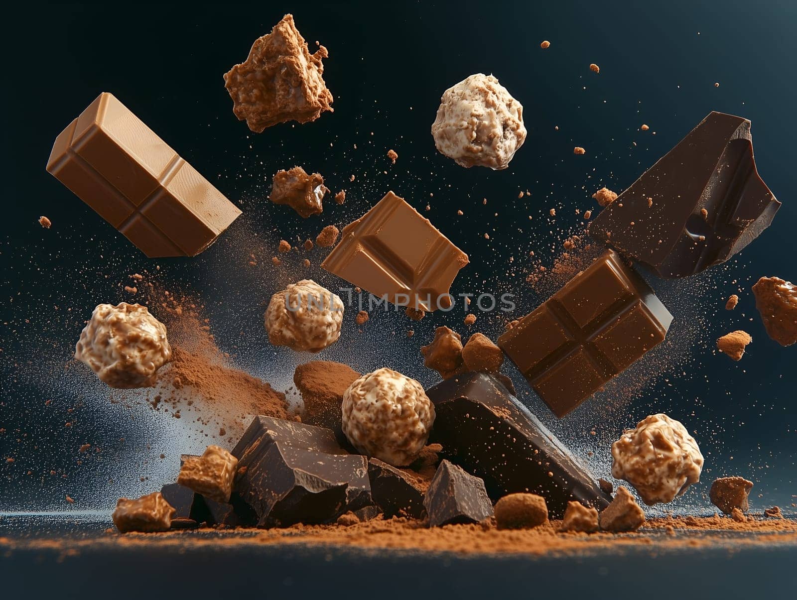 Dynamic image of milk and dark chocolate bars, truffles, and cocoa powder suspended mid-air. The flying fragments and rich textures create an artistic, appetizing food concept against a dark background.